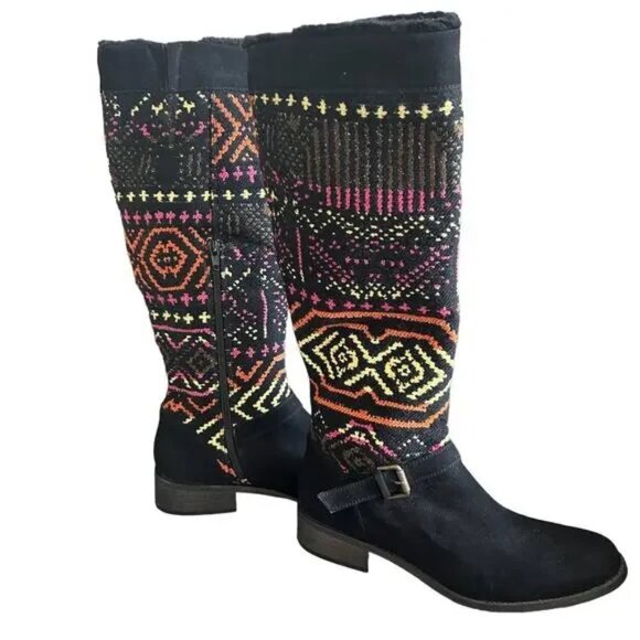 Desigual Black Suede Embroidered Tall Boots Tribal Boho Western Size 39 US 8 - Picture 1 of 9